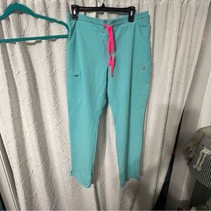 Figs neon blue scrub pants  with Pink Drawstring